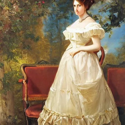 Image similar to full body portrait of a young german princess standing by a chair by Franz Xaver Winterhalter and Andreas Herman Hunæus painted in the 1900s, romanticism, vivid, fancy, beautiful, rococo, coherent