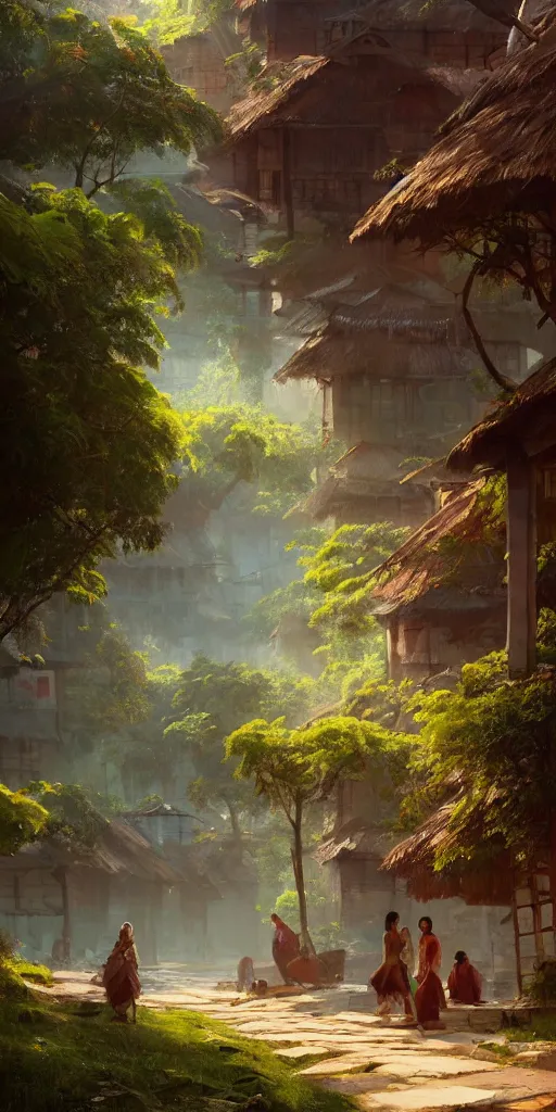 Image similar to kerala village, sharp focus, wide shot, trending on ArtStation, masterpiece, by Greg Rutkowski, by Ross Tran, by Fenghua Zhong, octane, soft render, oil on canvas, colorful, cinematic, environmental concept art