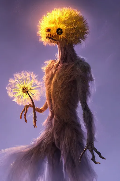 Image similar to a glowing humanoid figure dandelion monster with large glowing eyes, highly detailed, digital art, sharp focus, trending on art station, artichoke, anime art style