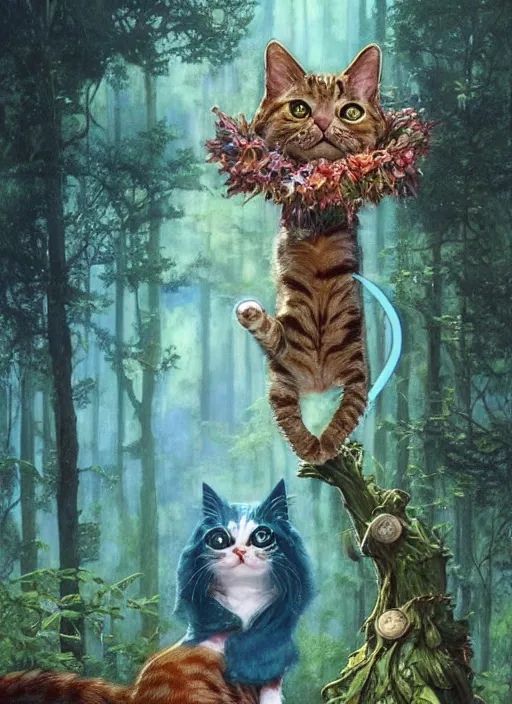 Image similar to a hyper realistic cat god with happy lighting and technology jewelry in the woods gorgeous lighting, sunbeams blue sky, lush forest foliage painting by chiara bautista and beksinski and norman rockwell and greg rutkowski weta studio, and lucasfilm