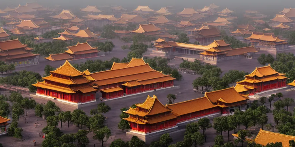 Image similar to a very high resolution image from a new movie, super fantasy shape of cyberpunk building and forbidden city, front view, photorealistic, photography, directed by wes anderson