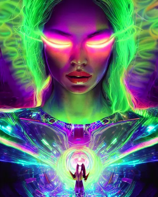 Image similar to a powerful energy psychedelic matrix goddess, by alexander fedosav, hyper detailed digital matte painting, concept art, hyperrealism, 1 6 k resolution, cinema 4 d, 8 k resolution, trending on artstation, behance hd, a masterpiece, by stephan martiniere, particles, cel - shaded, power bright neon energy, by david a. hardy,