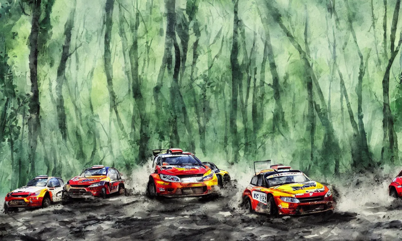 Prompt: 3 rally cars racing through a forest with a river behind them, sun shining through the trees, water colour,