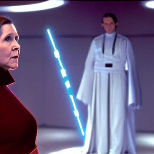 Image similar to a full color still of Carrie Fisher as Leia Organa as a regal Senator in the Galactic Senate talking to an alien, cinematic lighting, 1999, directed by Steven Spielberg, 35mm