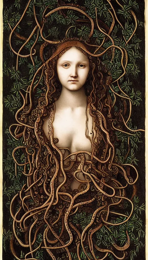 Image similar to very detailed portrait of a 2 0 years old girl surrounded by tentacles, the youg woman visage is blooming from fractal and vines, by leonardo da vinci