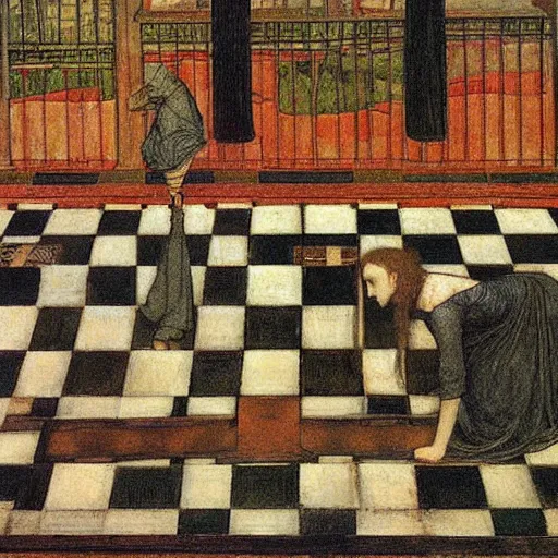 Prompt: checkered floor with a female by edward burne - jones