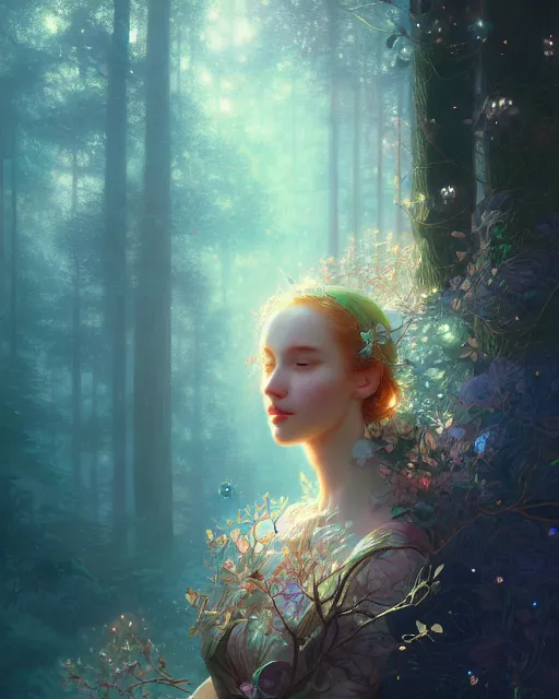 Prompt: harmony of the spheres, fractal crystal, forest protectress, ( beauty portrait ) by wlop, james jean, victo ngai, beautifully lit, muted colors, highly detailed, artstation, fantasy art by craig mullins, thomas kinkade