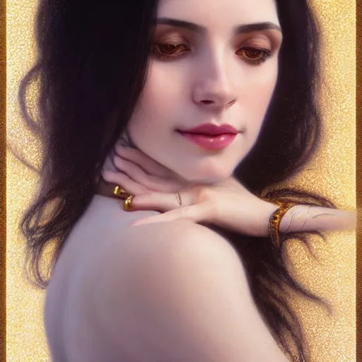 Image similar to portrait of a smiling, beautiful, pale skin eastern european female with long black hair, dark brown eyes, elegant clothing, photorealistic, highly detailed, artstation, smooth, sharp focus, gold ornaments, neon lighting, sci - fi, art by gustav klimt, artgerm, greg rutkowski and alphonse mucha