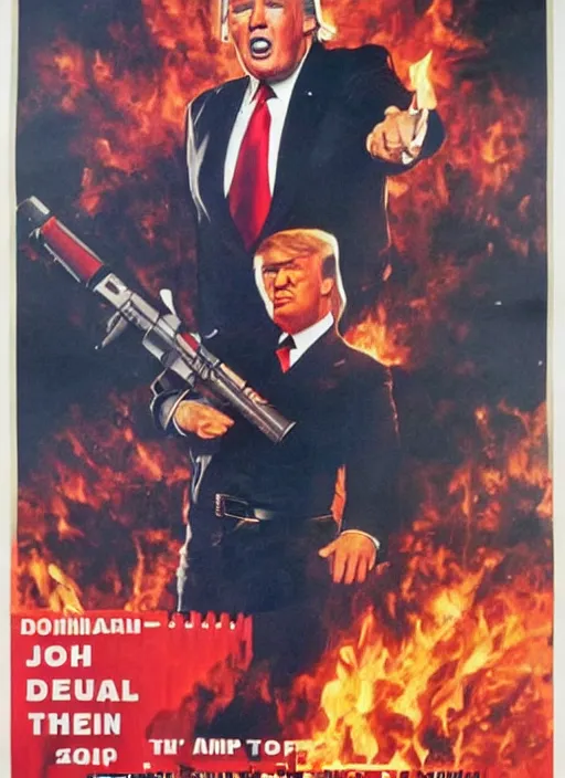 Image similar to an 8 0's john alvin action movie poster of donald trump starring in dumpster fire. explosions.