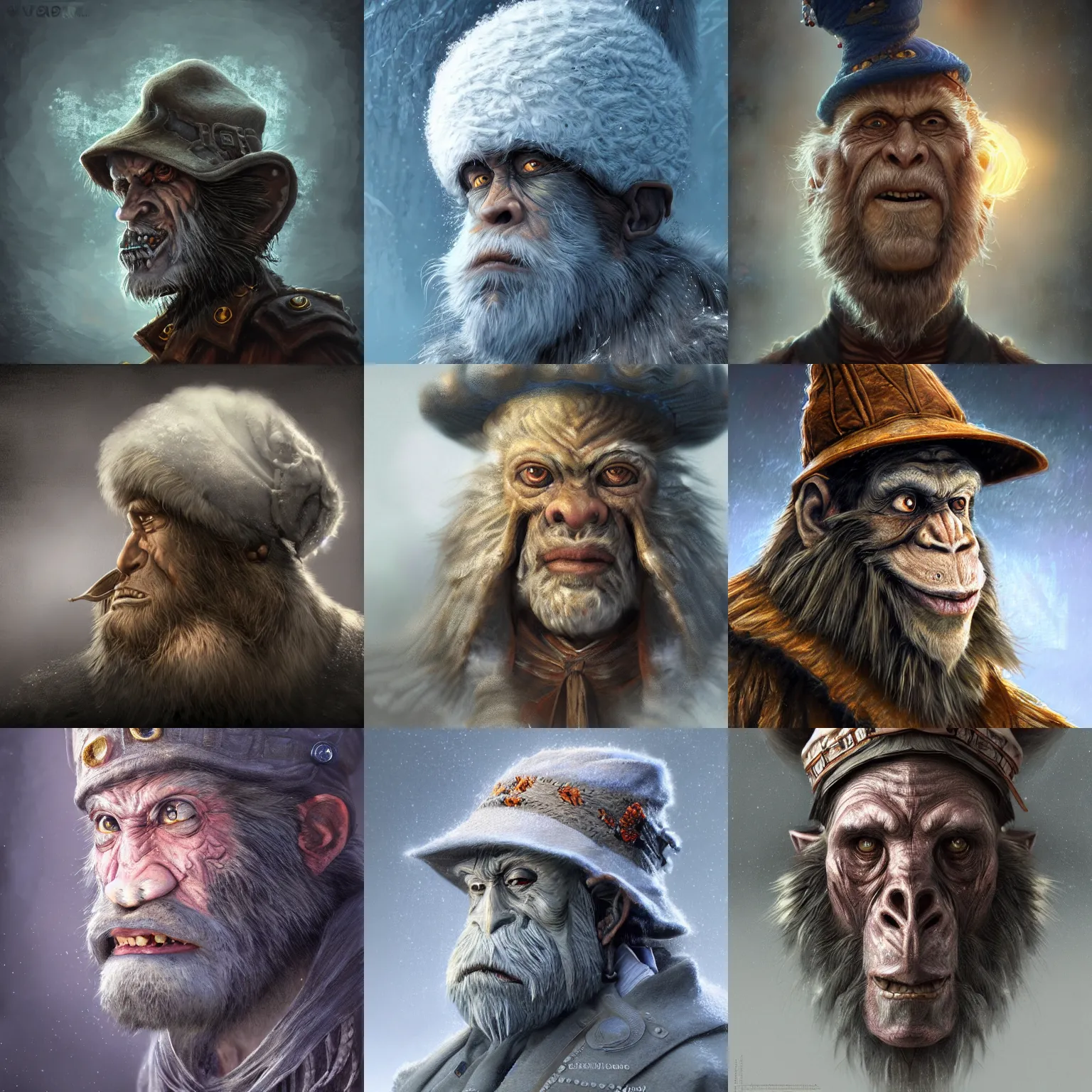 Prompt: a wlop 3 d render of very very very very highly detailed beautiful mystic portrait of a horror wind phantom ape warrior with stylish hat and frosty background by anton pieck, intricate, extremely detailed, digital painting, artstation, concept art, smooth, sharp focus, illustration, intimidating lighting, incredible art,
