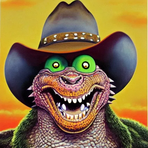 Prompt: beautiful lifelike painting of godzilla wearing a cowboy hat, hyperreal detailed facial features and uv lighting, art by ed roth and basil wolverton