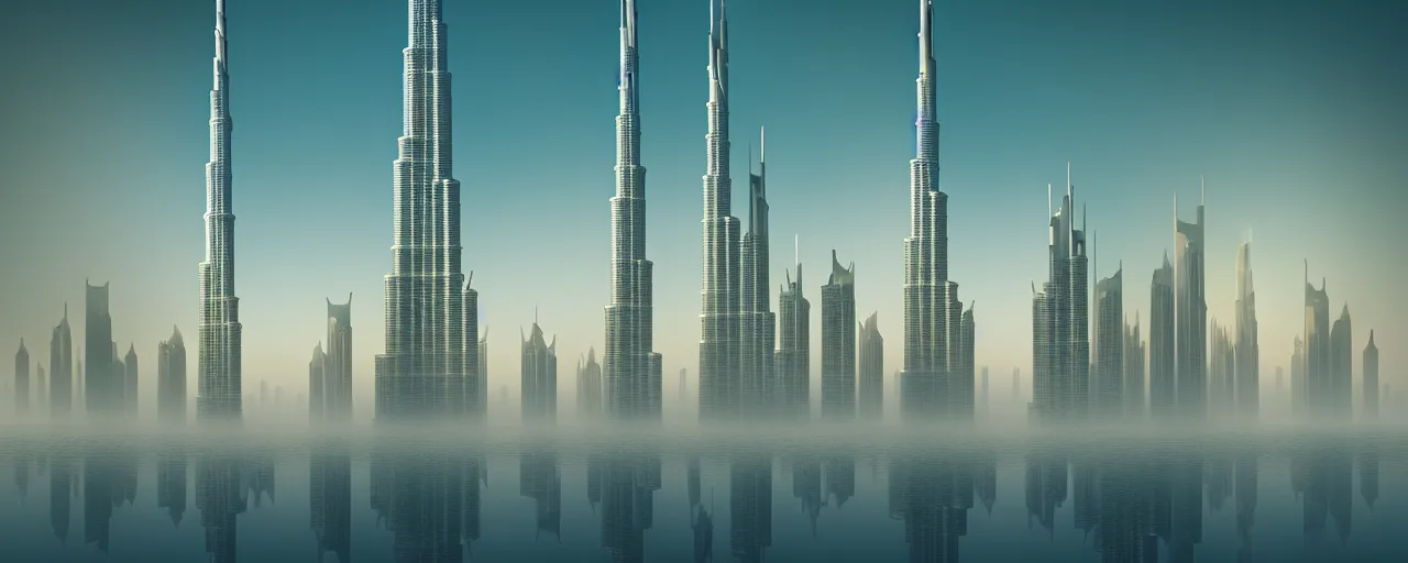 Image similar to ultra realistic muted colors dubai city with burj khalifa horror photo of a dimly lit alien underwater landscape, very intricate details, focus, full frame image, high contrast, cgi render, artwork by tooth wu and wlop and beeple and greg rutkowski, award winning