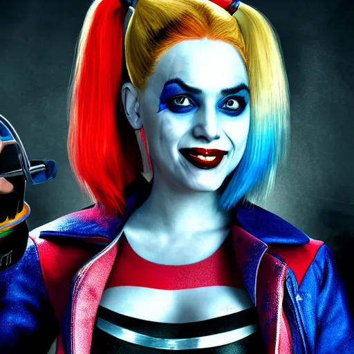 Image similar to harley quinn as an old toilet cleaner 4k