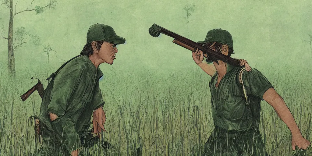 Prompt: a man with a baseball hat and a rifle in a lush green swamp field, sneaking, japanese illustrator, 1 9 8 0 s, matte colors, stephen king, post apocalyptic film concept