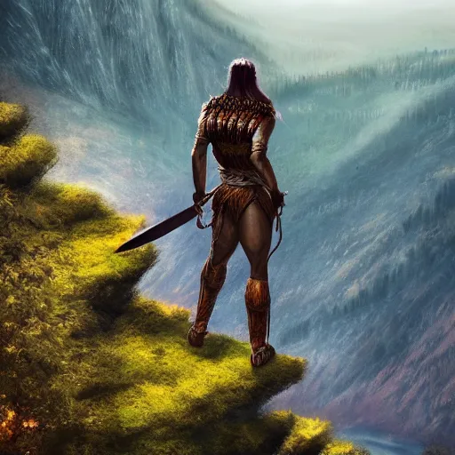 Image similar to a warrior standing on a cliff looking down to the beautiful sight of forest, trending on artstation, realistic, sharp, bold