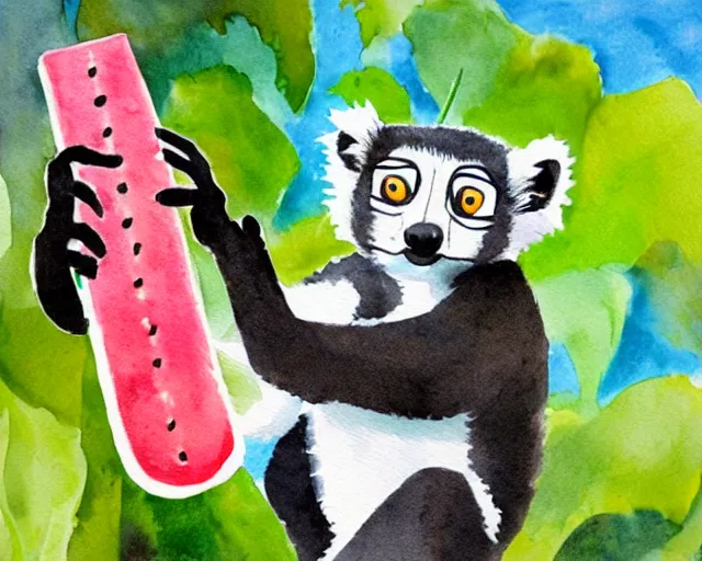 Image similar to a bright happy bill waterson watercolour of a lemur eating a watermellon popsicle