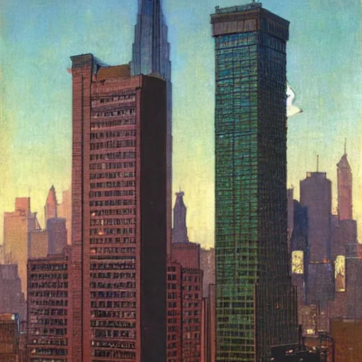 Prompt: an urban skyscraper by norman rockwell, tight shot, morning sun