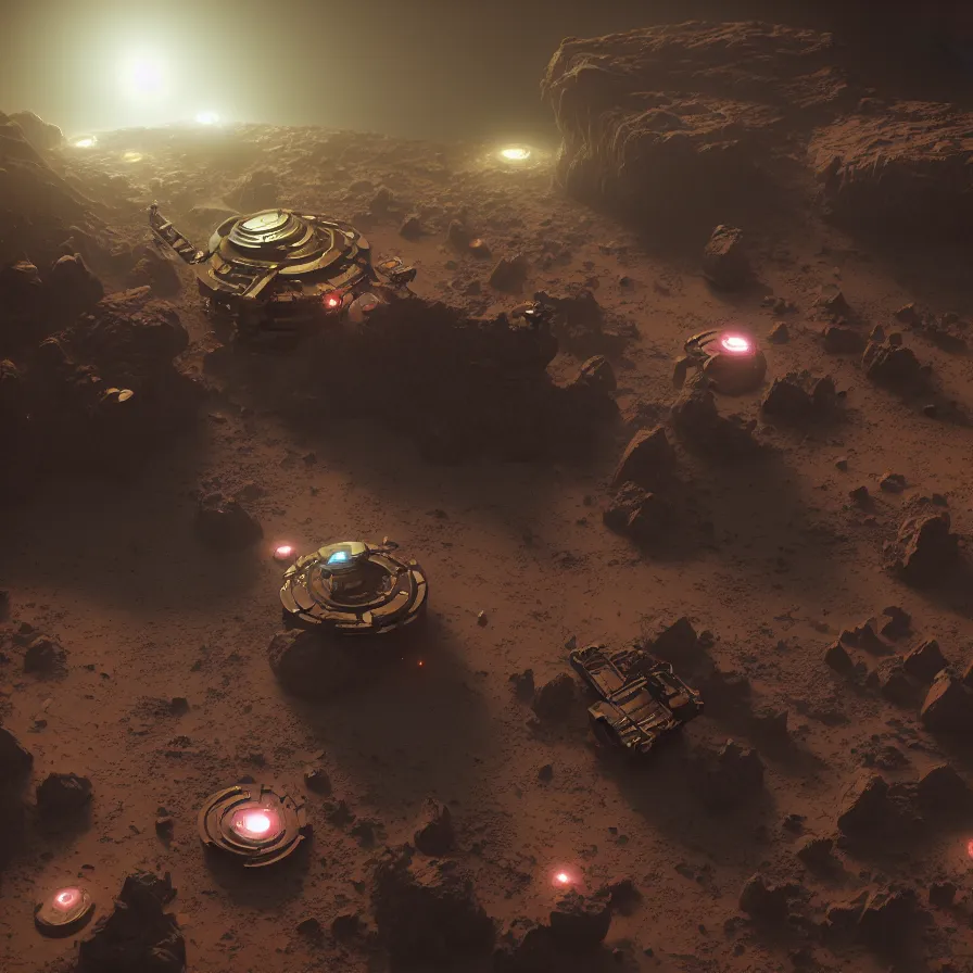 Image similar to sci - fi mining device hooked to a planet's surface, volumetric light, dynamic lights and shadows, concept art, octane, redshift, detailed