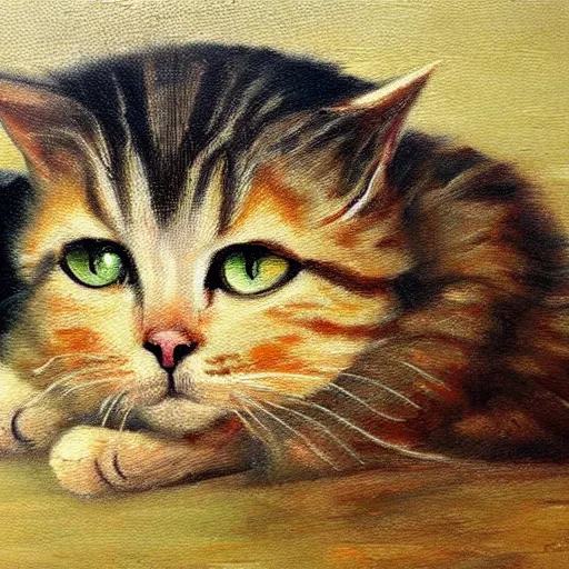Prompt: cat, oil paining, highly realistic, romantic style