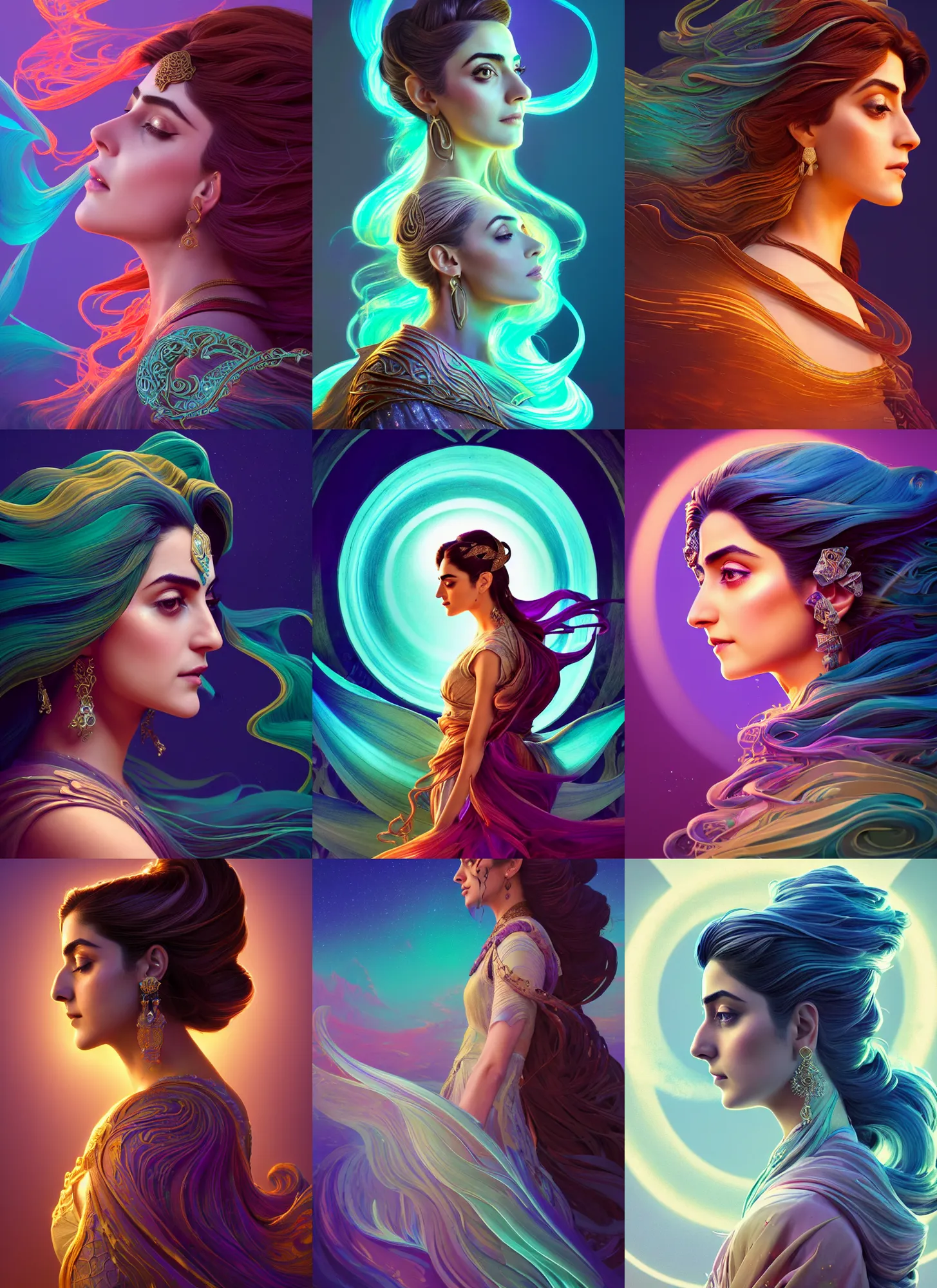 Prompt: side profile portrait, maya ali as a wind sorceress, d & d, gloomhaven, soft luminescent glow, art nouveau, beautifully backlit, ripples, swirly vibrant color lines, fantastically gaudy, aesthetic octane render, 8 k hd resolution, by picasso, ilya kuvshinov, cushart krentz, gilleard james