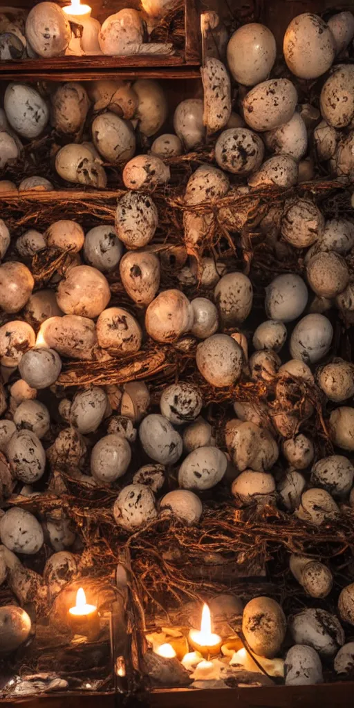 Image similar to a large old wooden cabinet full of extremely detailed scary alien eggs, burning candels in front, beautifull low light