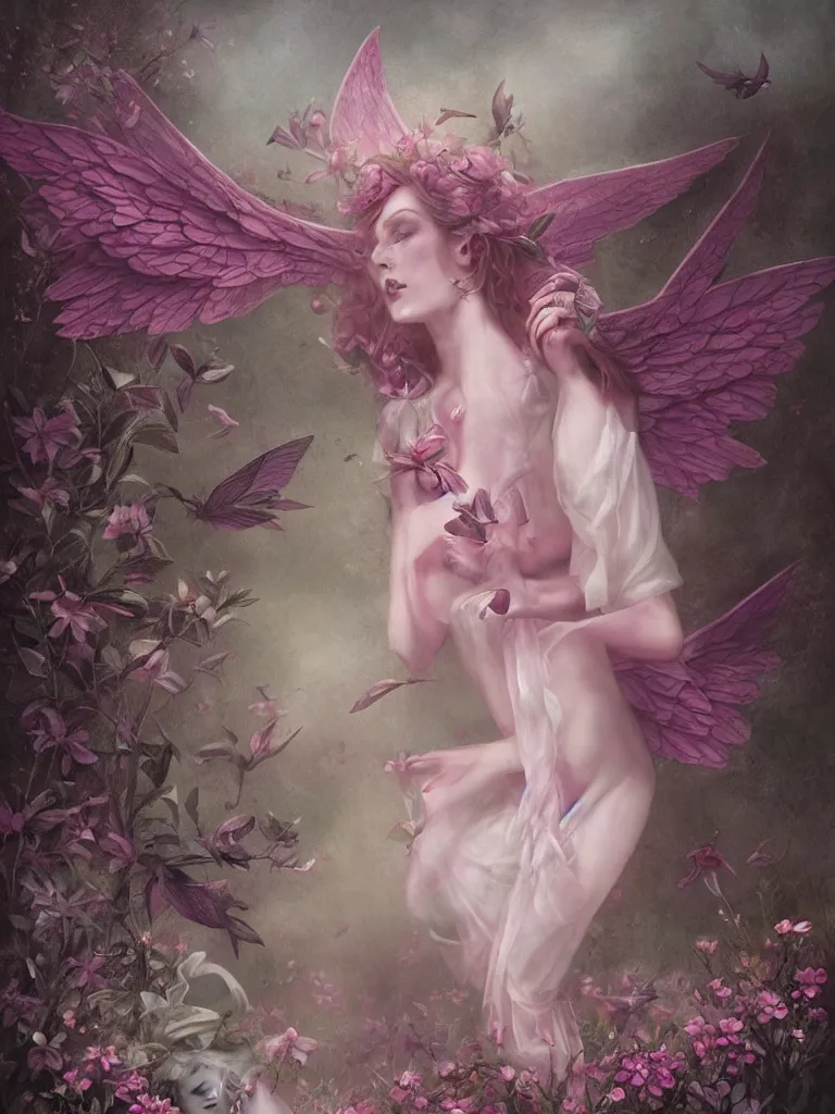 Prompt: one pink fairy with large wings exploring her lonely flower garden by herself in the style of tom bagshaw, extremely detailed, muted colors