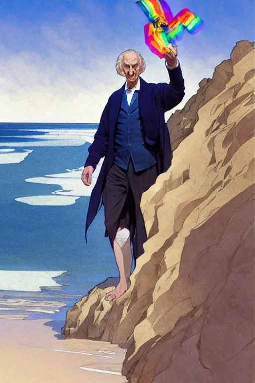 Prompt: the first doctor, william hartnel on a beach, wearing a blue shirt with horizontal rainbow stripe, the ocean in the background, swirling colourful stars in the background, art by artgerm and greg rutkowski and alphonse mucha