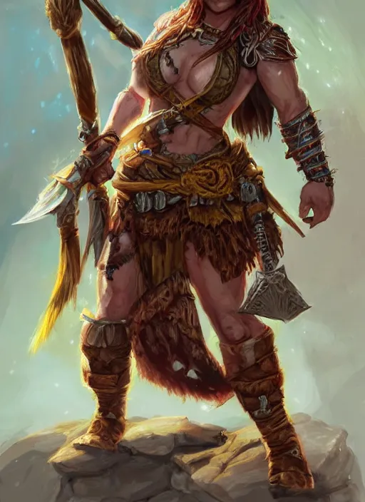 Image similar to midget female barbarian, ultra detailed fantasy, dndbeyond, bright, colourful, realistic, dnd character portrait, full body, pathfinder, pinterest, art by ralph horsley, dnd, rpg, lotr game design fanart by concept art, behance hd, artstation, deviantart, hdr render in unreal engine 5