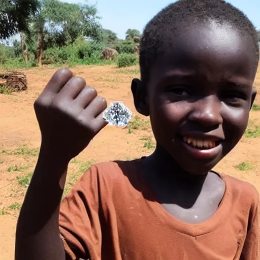 Image similar to poor kid in africa, finding a huge diamond and picking it up in his hand, looking impressed and amazed