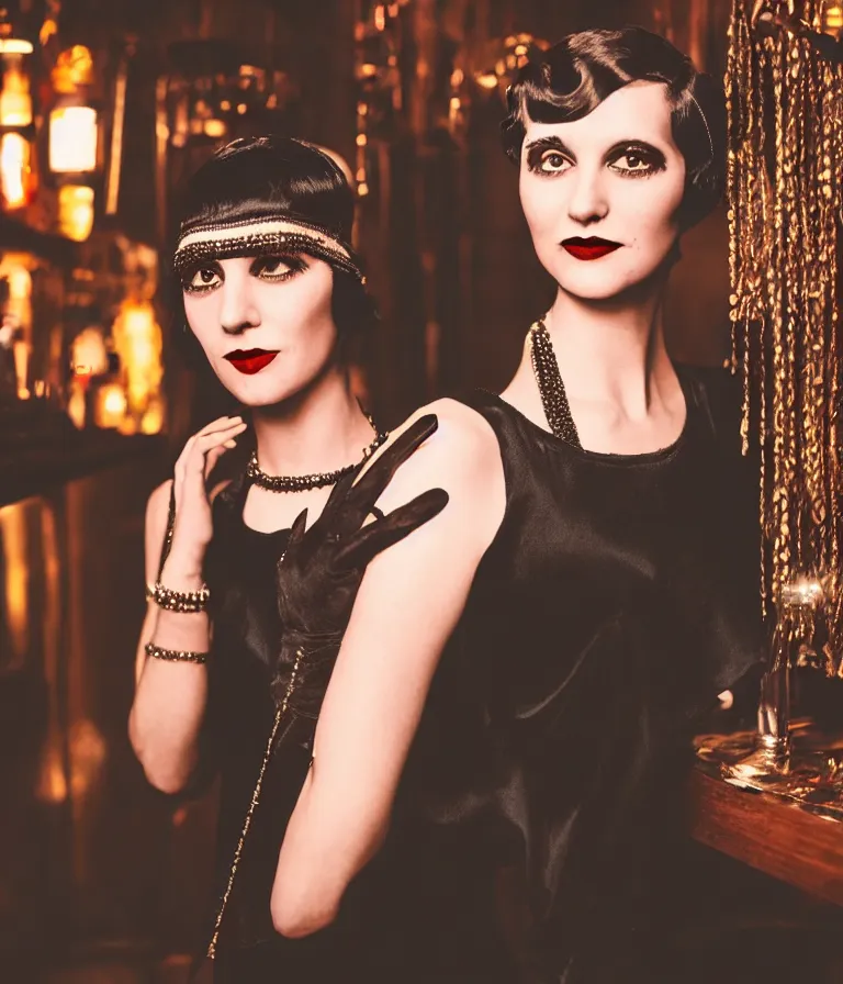 Prompt: colored shot of a 1 9 2 0 s short - haired flapper woman in black satin gloves looking at the camera, at a party in a dimly lit speakeasy bar, jazz age, precise, wide shot, cohesive, art deco, cinematic, low - lighting, photography