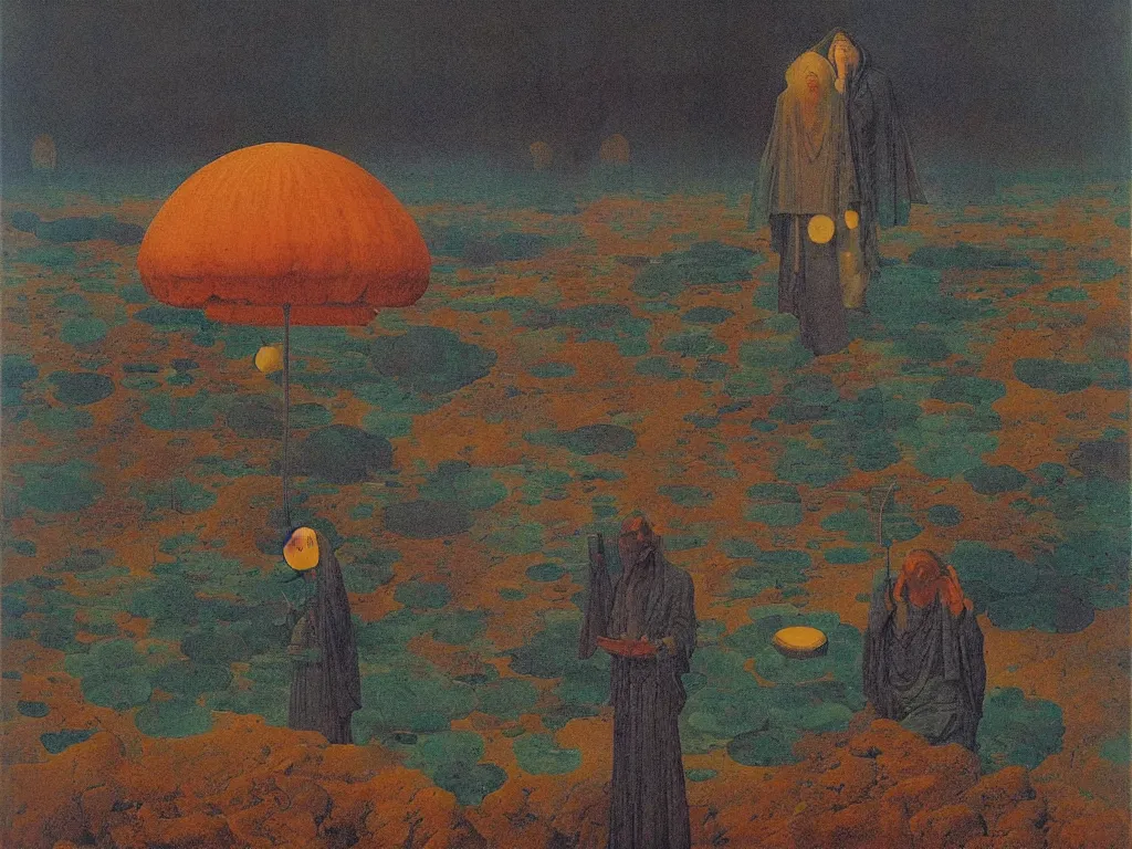 Prompt: It rains with the seed of the faithful. The holy glowing rock of transhumanism in the lithium desert. Portrait of the lotus-eater. Painting by Jan van Eyck, Rene Magritte, Jean Delville, Max Ernst, Beksinski