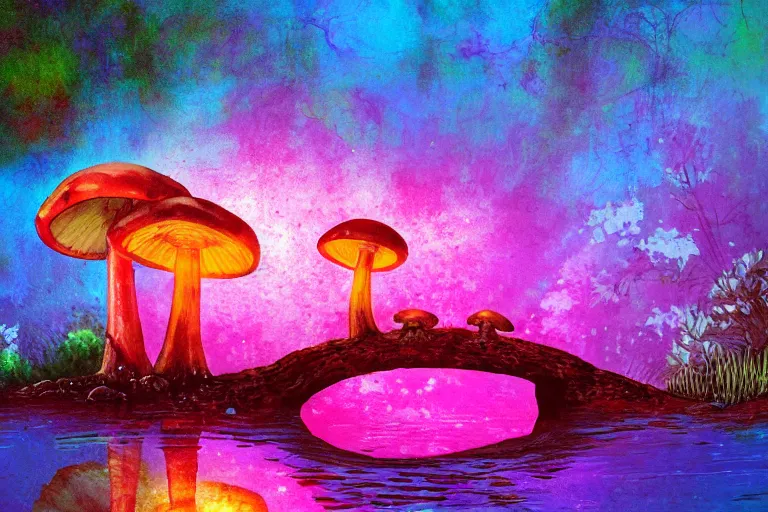 Image similar to a painting of giant mushrooms with next to a small bridge, flowing water, digital art, scenic, reds, purples, pink, reflections, blue lighting, glow's in side the mushrooms, complex background, chill,