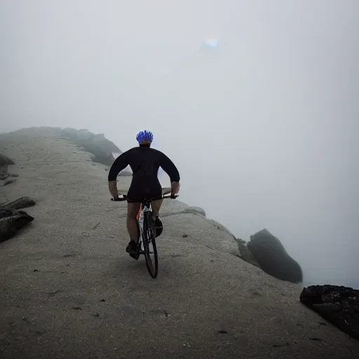Prompt: a scene from a fever dream, Bicycling on a rocky path in 1st person entering the scary murky ocean!! Fog! Ultra realistic! 25mm f/1.7 ASPH Lens!