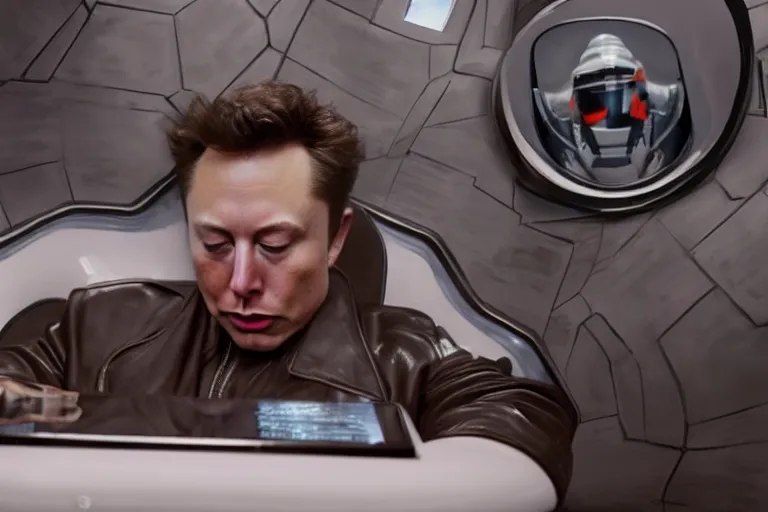 Prompt: hyperrealism aesthetic ridley scott and denis villeneuve style photography of a detailed hyperrealism elon musk, siting on a detailed futuristic toilet and scrolling his smartphone in hyperrealism scene from detailed art house movie in style of alejandro jodorowsky and wes anderson