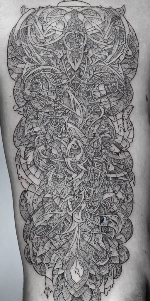 Image similar to a tattoo of a spiritual fractal by bang bang, highly detailed, intricate, line work