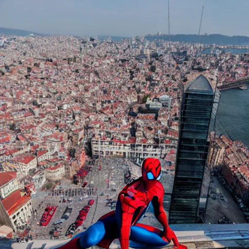 Image similar to Spider-man on top of the Galata Tower in Istanbul, photorealistic, 4K, 200mm lens