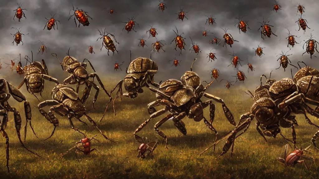 Prompt: cinematic painting of an army of giant bugs