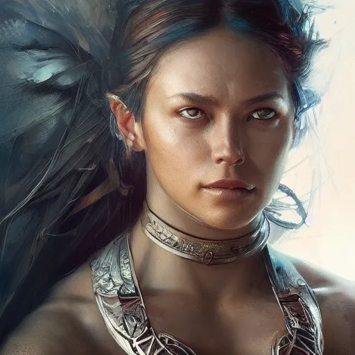 Image similar to a beautiful portrait of a iron goddess, a detailed painting by greg rutkowski and raymond swanland, featured on cgsociety, fantasy art, detailed painting, artstation hd, photorealistic