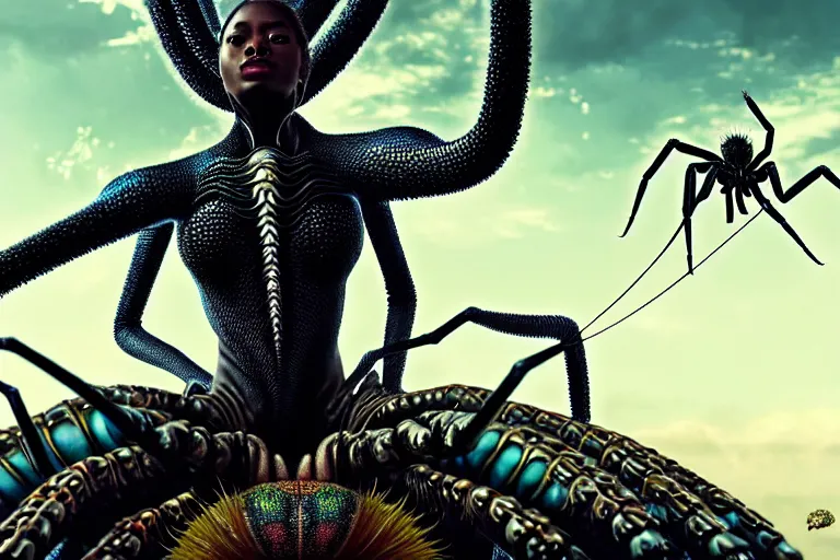 Image similar to realistic detailed closeup portrait movie shot of a beautiful black woman riding a giant spider, dystopian city landscape background by denis villeneuve, amano, yves tanguy, alphonse mucha, max ernst, ernst haeckel, caravaggio, roger dean, cyber necklace, rich moody colours, sci fi patterns, wide angle