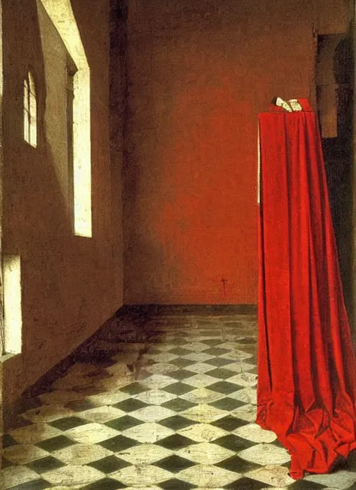 Image similar to red cloth of the floor, medieval painting by jan van eyck, johannes vermeer, florence