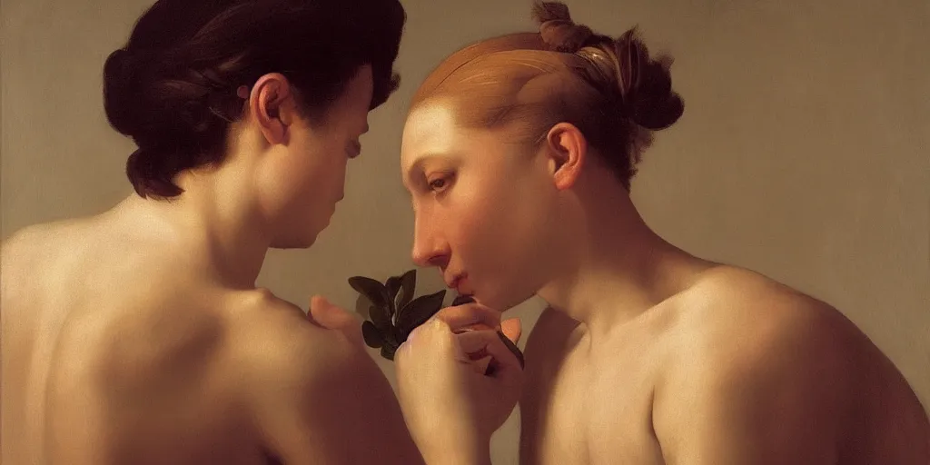 Image similar to beautiful oil matte portrait painting, man eyeing a flower petal, close up, bokeh, wonderful masterpiece highly detailed, beautiful cinematic light deep focus, elegant, digital painting, smooth, sharp focus, golden ratio, dramatic illumination, ultra realistic, 8 k, art by artemisia lomi gentileschi and caravaggio