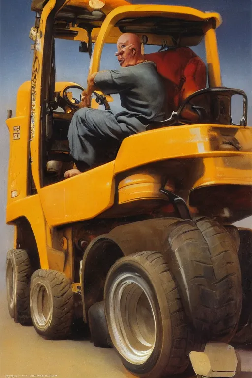 Image similar to a bald man driving a fork lift truck by Frank Frazetta, Ivan Aivakovsky, Boris Vallejo, epic character art, full length, Exquisite detail, post-processing, masterpiece, cinematic, 8k, ultra realistic, hyper detailed