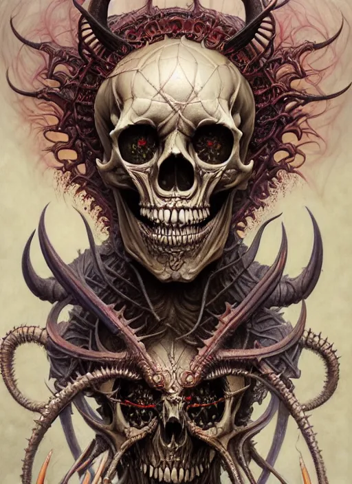 Image similar to hyper detailed masterpiece demon skull evil tattoo warrior by donato giancola and tom bagshaw, face by artgerm and edmund leighton, and h. r. giger, trending on artstation, colorful, psychedelic aesthetic, ornate, background by james jean, 8 k, biomechanical, majestic, volumetric lighting, porcelain skin, concept art, sharp focus