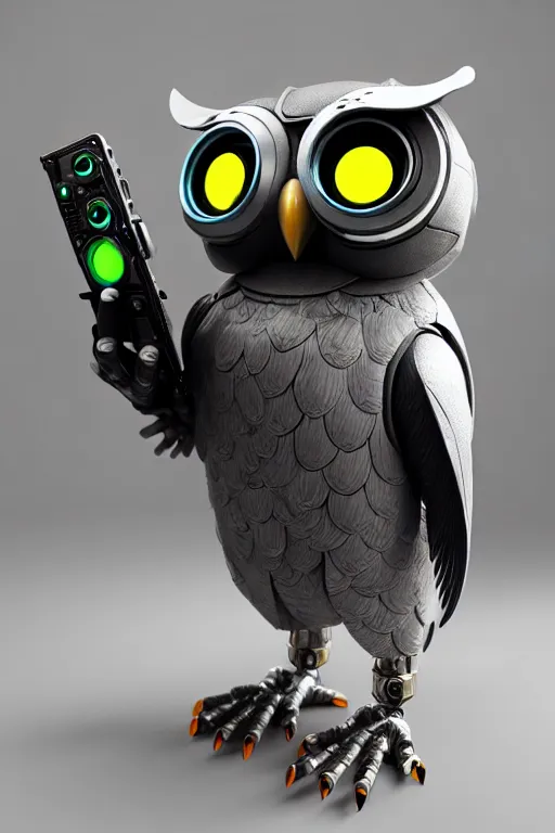 Image similar to high quality 3 d render very cute cyborg owl! with boombox!, cyberpunk highly detailed, unreal engine cinematic smooth, in the style of blade runner & detective pikachu, hannah yata charlie immer, moody light, low angle, uhd 8 k, sharp focus