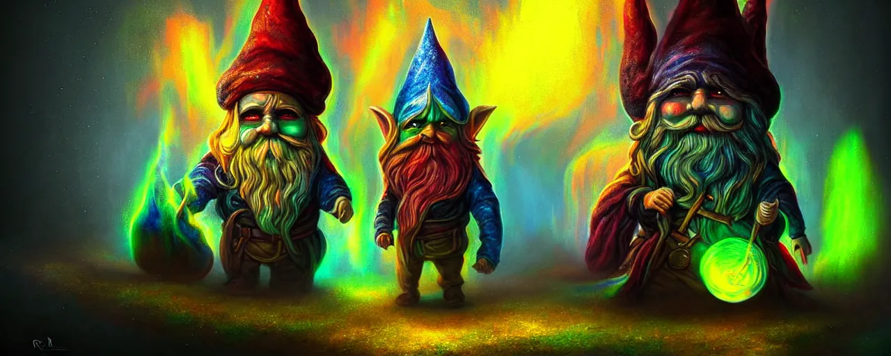 Image similar to whimsical bifrost alchemical gnomes, surreal dark uncanny painting by ronny khalil