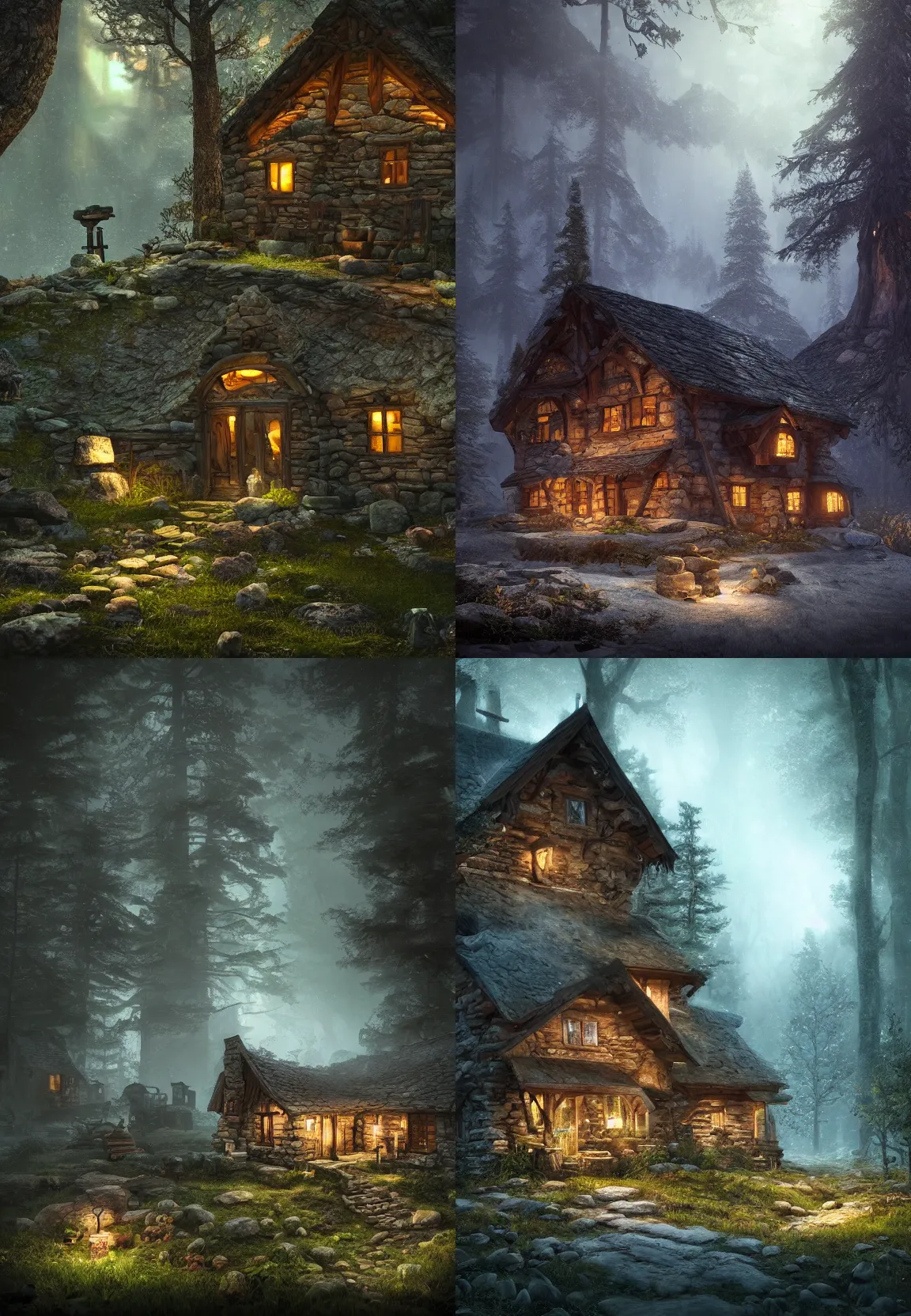 Prompt: small stone cabin on a fantasy forest at night, artstation hq, hiperrealistic, sharp focus, 4 k uhd, unreal engine 5, cinematic shot, cinematic lightning, dark tones, high contrast, intricate, masterpiece, brian froud