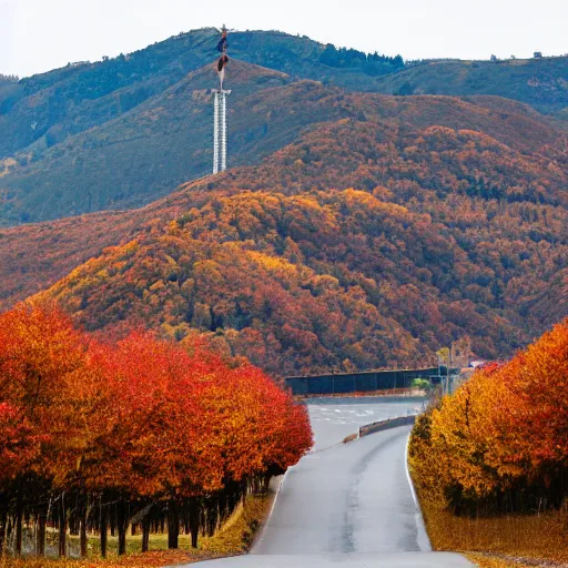 Prompt: a road next to warehouses, and a hill background with a radio tower on top, autumn