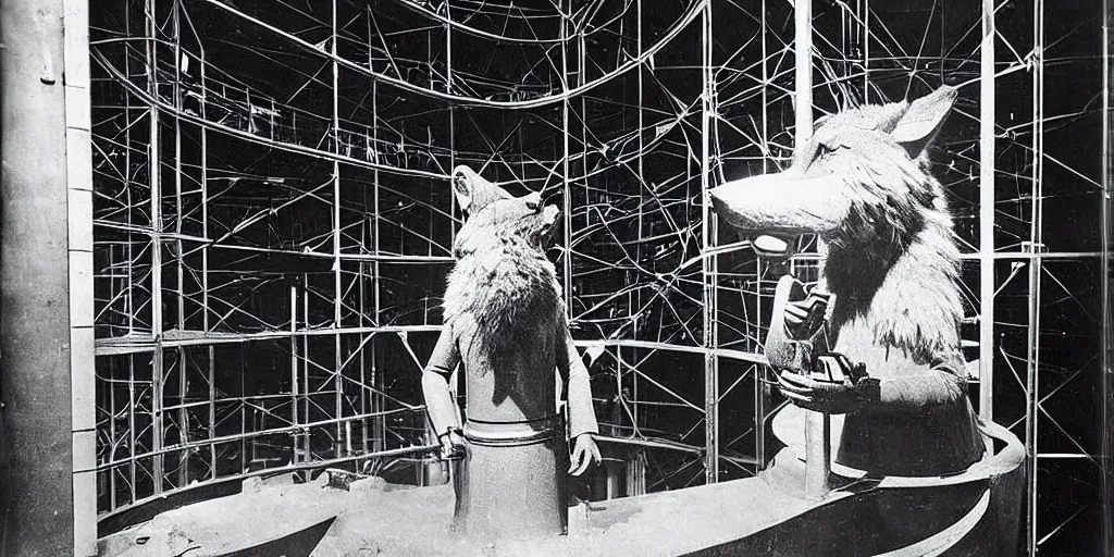 Prompt: anthropomorphic furry wolf inside a giant automaton tower that tracks the stars, 1900s photograph