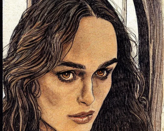 Prompt: portait of keira knightley drawn by milo manara, from a 1 9 6 9 comic book