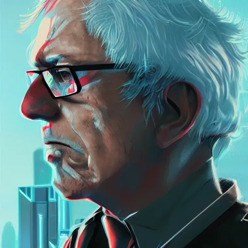 Image similar to cyberpunk bernie sanders as the leader of a futuristic communist nation, cybernetics, sharp lines, digital, artstation, colored in